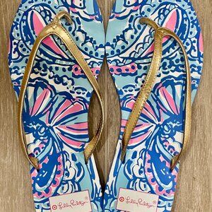 LILLY PULITZER Multicolor Tropical Women's Pool Flip Flops Size 10 Gold Straps
